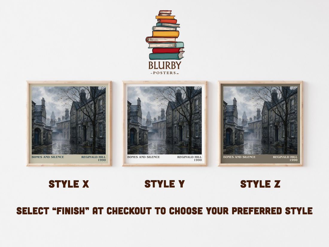 Bones and Silence literary print in frame leaning in hallway – crime wall art (mockup)