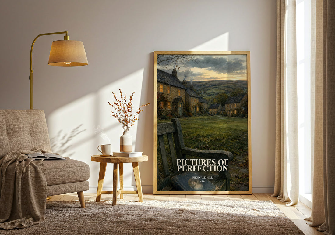 Pictures of Perfection watercolour print in frame leaning in hallway – crime wall art (mockup)
