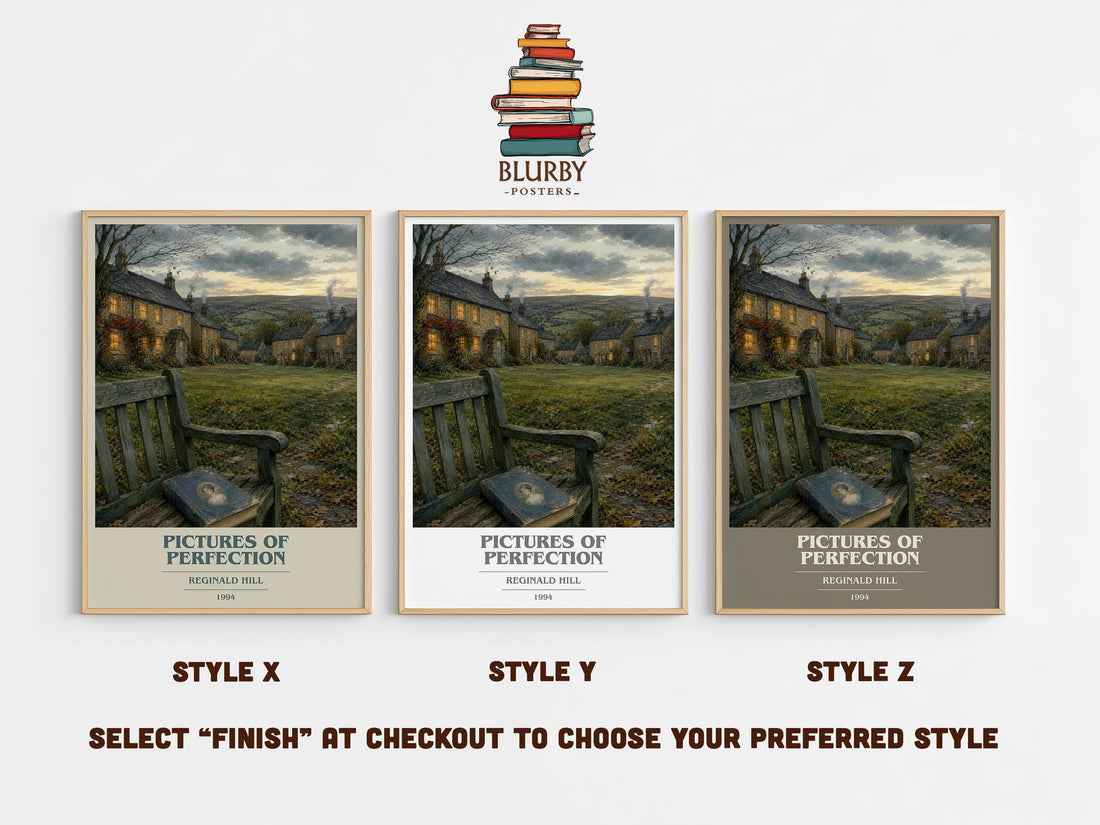 Pictures of Perfection book cover print in frame leaning in hallway – crime wall art (mockup)