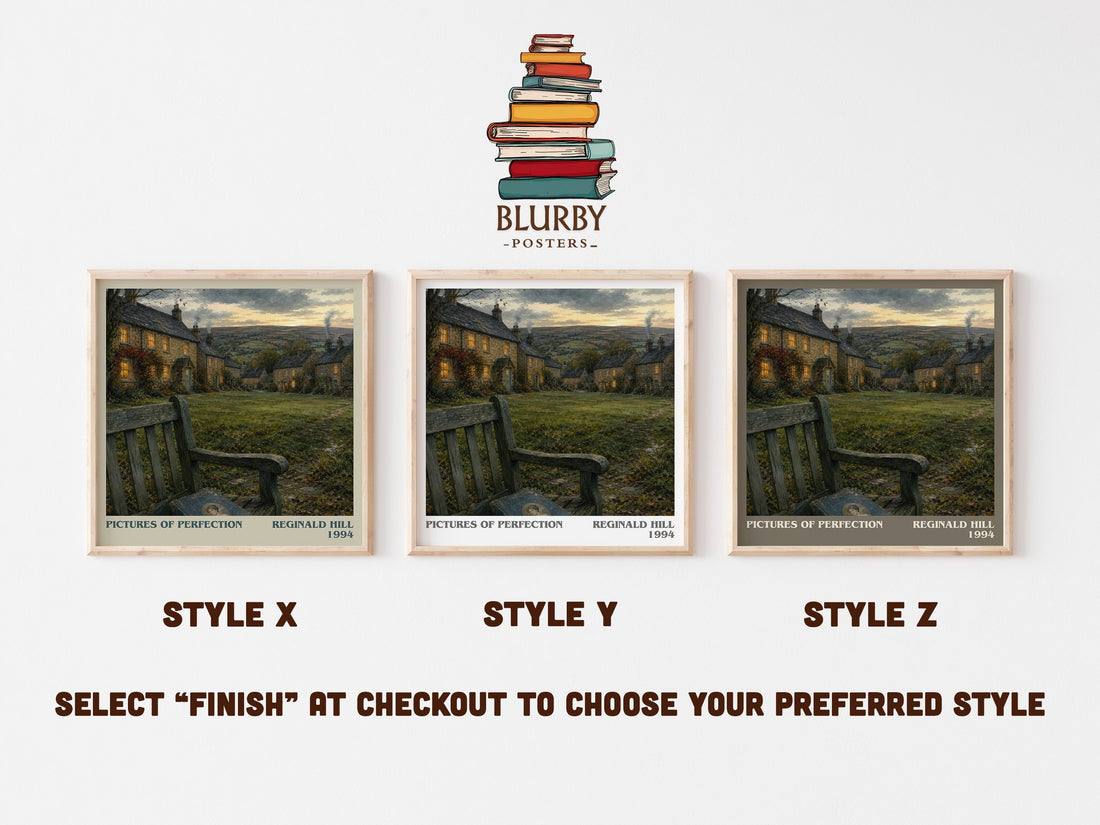 Pictures of Perfection literary print in frame leaning in hallway – crime wall art (mockup)