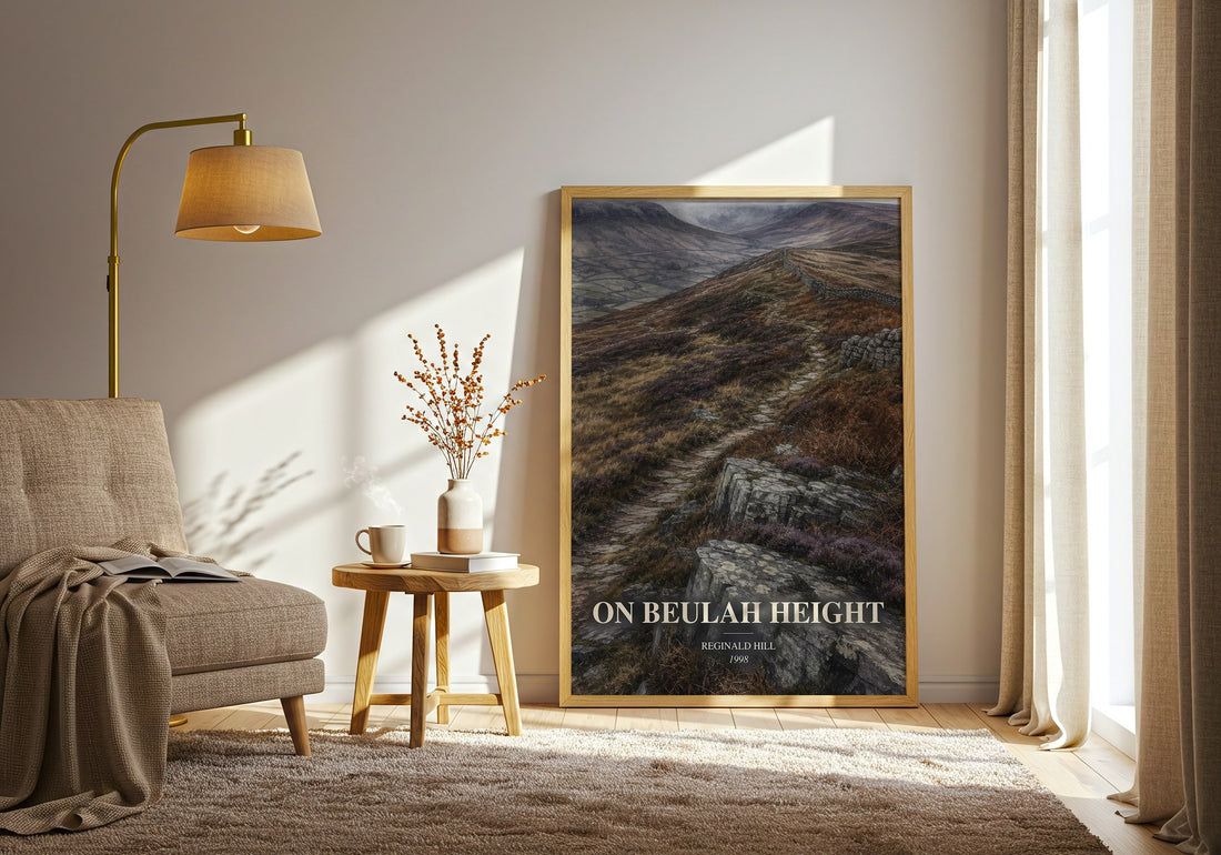 On Beulah Height watercolour print in frame leaning in hallway – crime wall art (mockup)