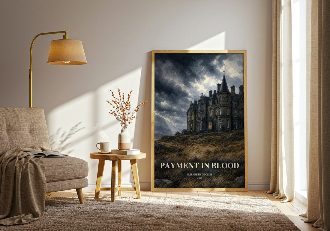 Payment in Blood watercolour print in frame leaning in hallway – mystery wall art (mockup)