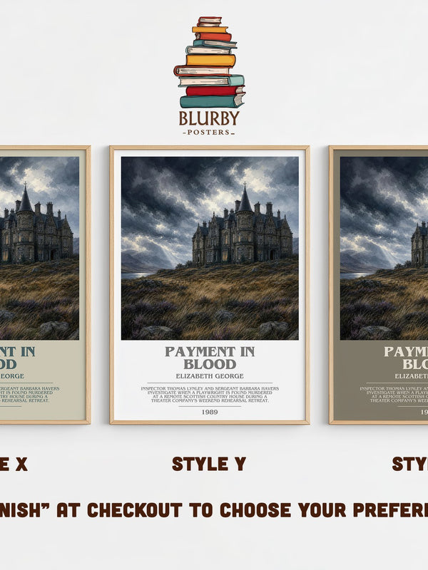 Payment in Blood bookish print in frame leaning in hallway – mystery wall art