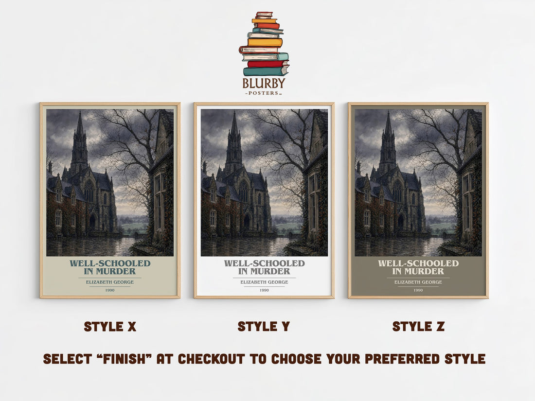 Well-Schooled in Murder book cover print in frame leaning in hallway – mystery wall art (mockup)