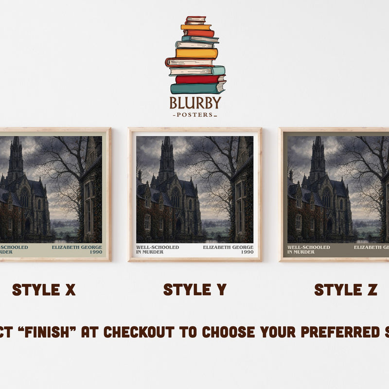 Well-Schooled in Murder literary print in frame leaning in hallway – mystery wall art