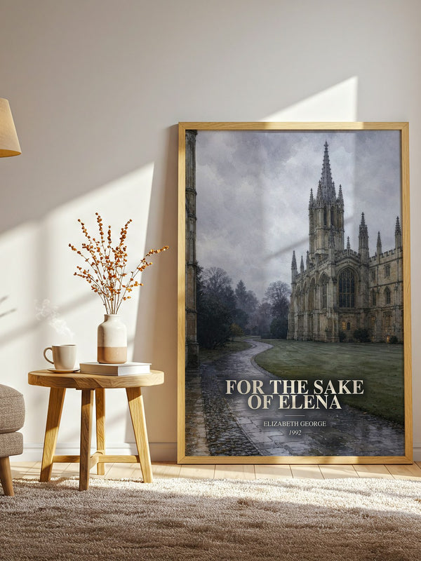For the Sake of Elena watercolour print in frame leaning in hallway – crime wall art