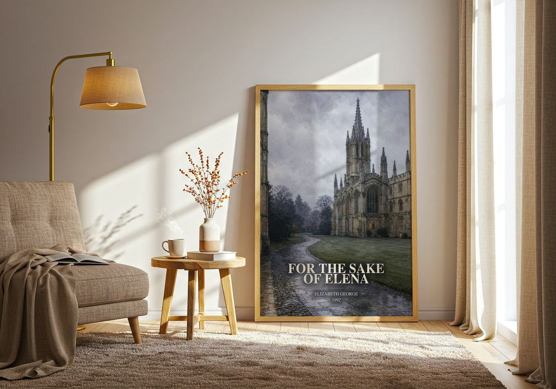 For the Sake of Elena watercolour print in frame leaning in hallway – crime wall art (mockup)