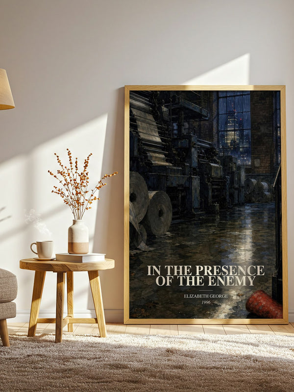 In the Presence of the Enemy watercolour print in frame leaning in hallway – crime wall art