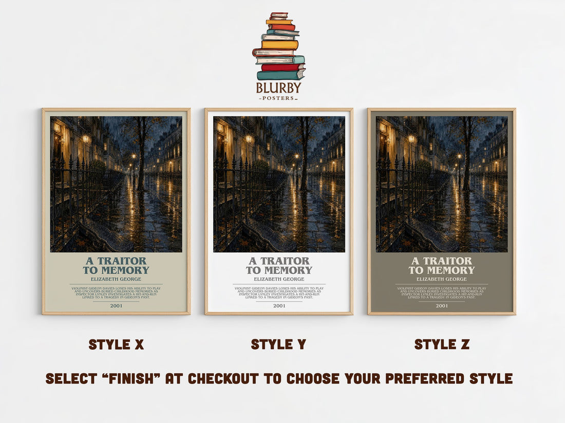A Traitor to Memory bookish print in frame leaning in hallway – mystery wall art (mockup)