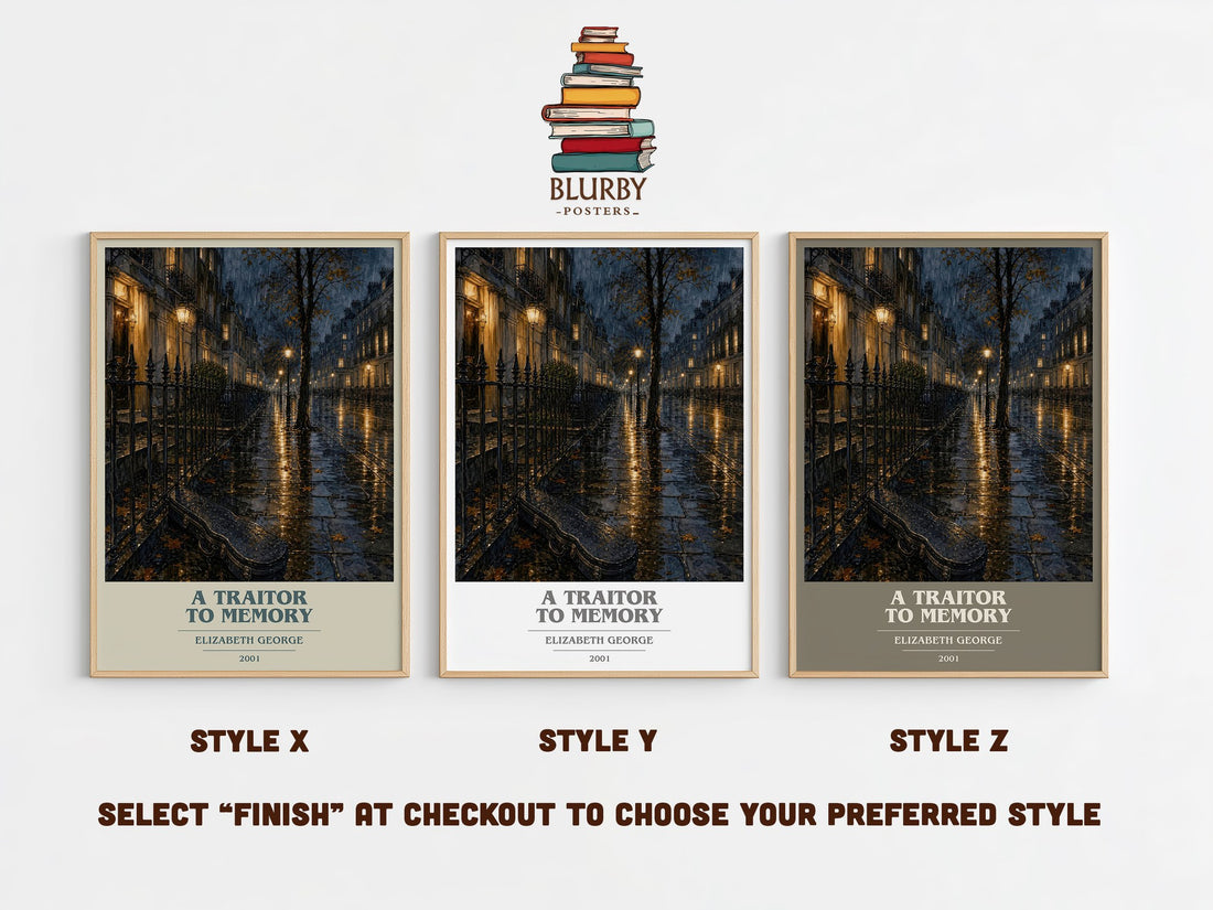 A Traitor to Memory book cover print in frame leaning in hallway – mystery wall art (mockup)