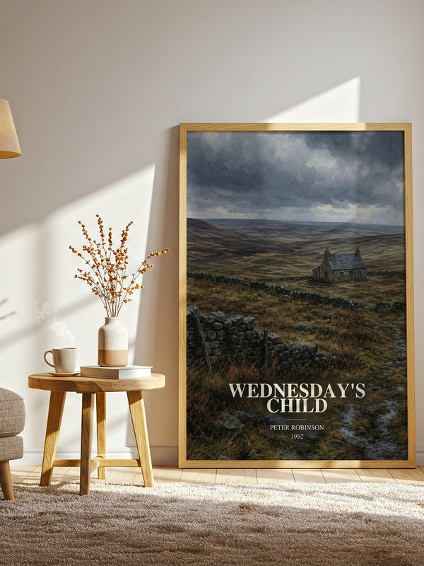 Wednesday's Child watercolour print in frame leaning in hallway – crime wall art