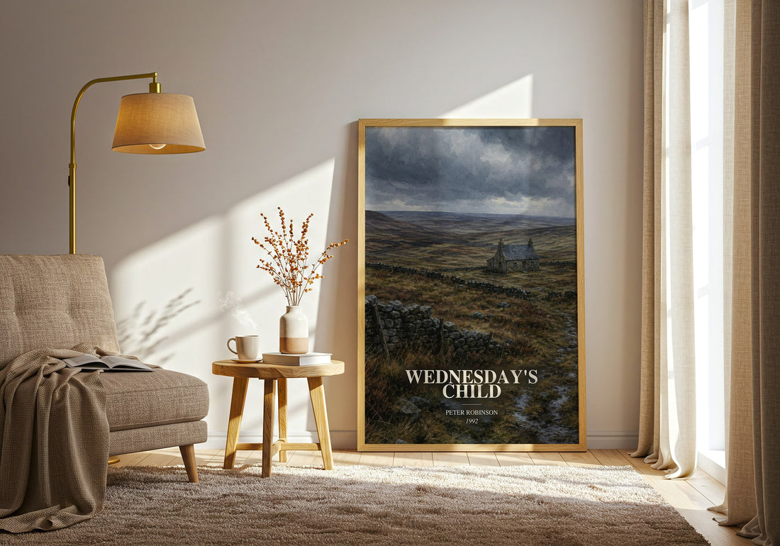 Wednesday's Child watercolour print in frame leaning in hallway – crime wall art (mockup)