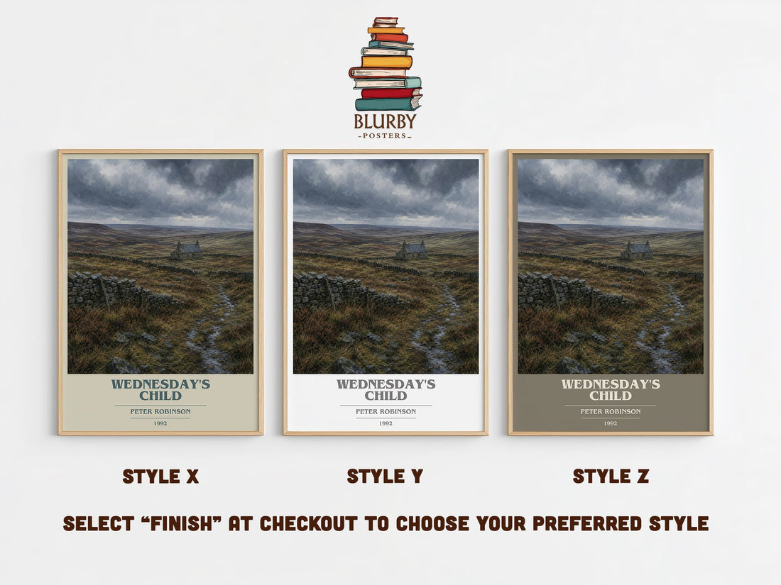 Wednesday's Child book cover print in frame leaning in hallway – crime wall art (mockup)