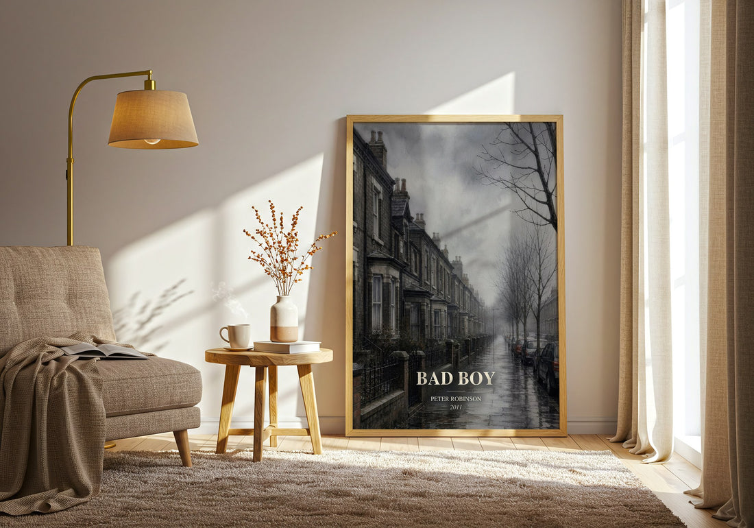 Bad Boy watercolour print in frame leaning in hallway – memoir wall art (mockup)