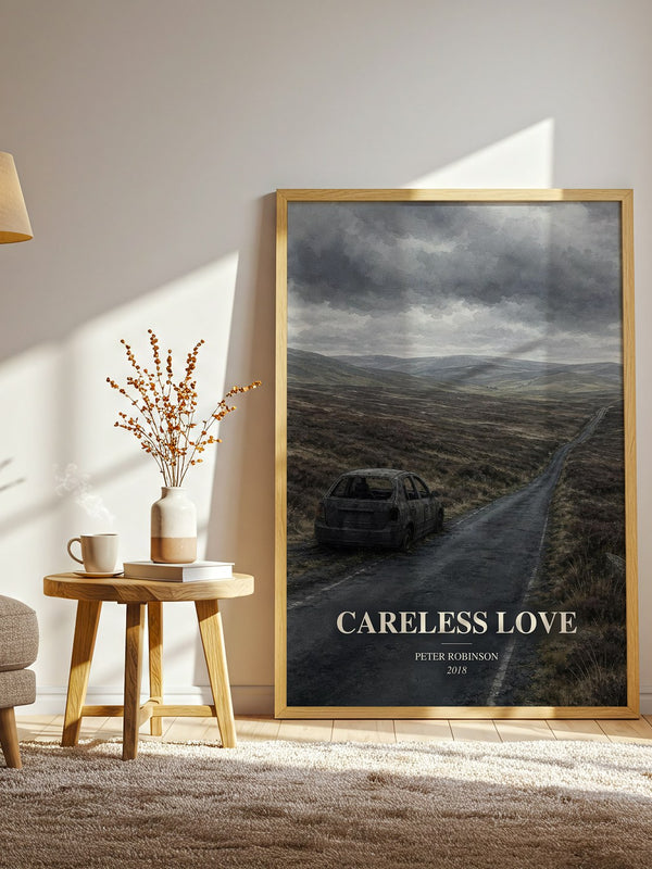 Careless Love watercolour print in frame leaning in hallway – crime wall art
