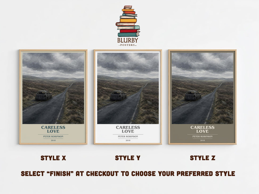 Careless Love book cover print in frame leaning in hallway – crime wall art (mockup)