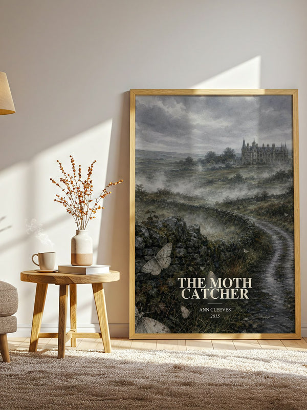 The Moth Catcher watercolour print in frame leaning in hallway – crime wall art