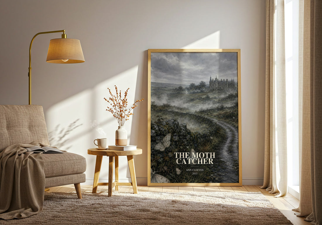 The Moth Catcher watercolour print in frame leaning in hallway – crime wall art (mockup)