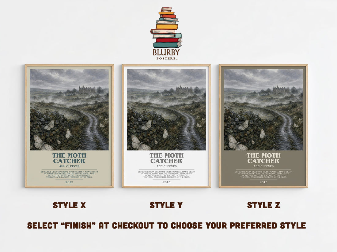 The Moth Catcher bookish print in frame leaning in hallway – crime wall art (mockup)