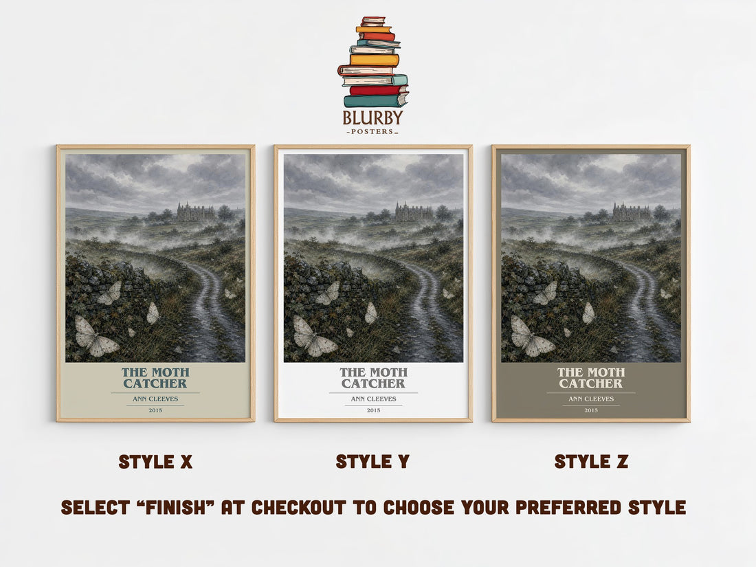 The Moth Catcher book cover print in frame leaning in hallway – crime wall art (mockup)