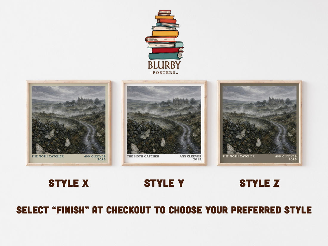The Moth Catcher literary print in frame leaning in hallway – crime wall art (mockup)