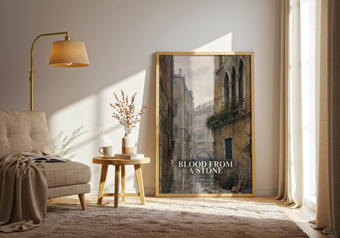Blood from a Stone watercolour print in frame leaning in hallway – mystery wall art (mockup)