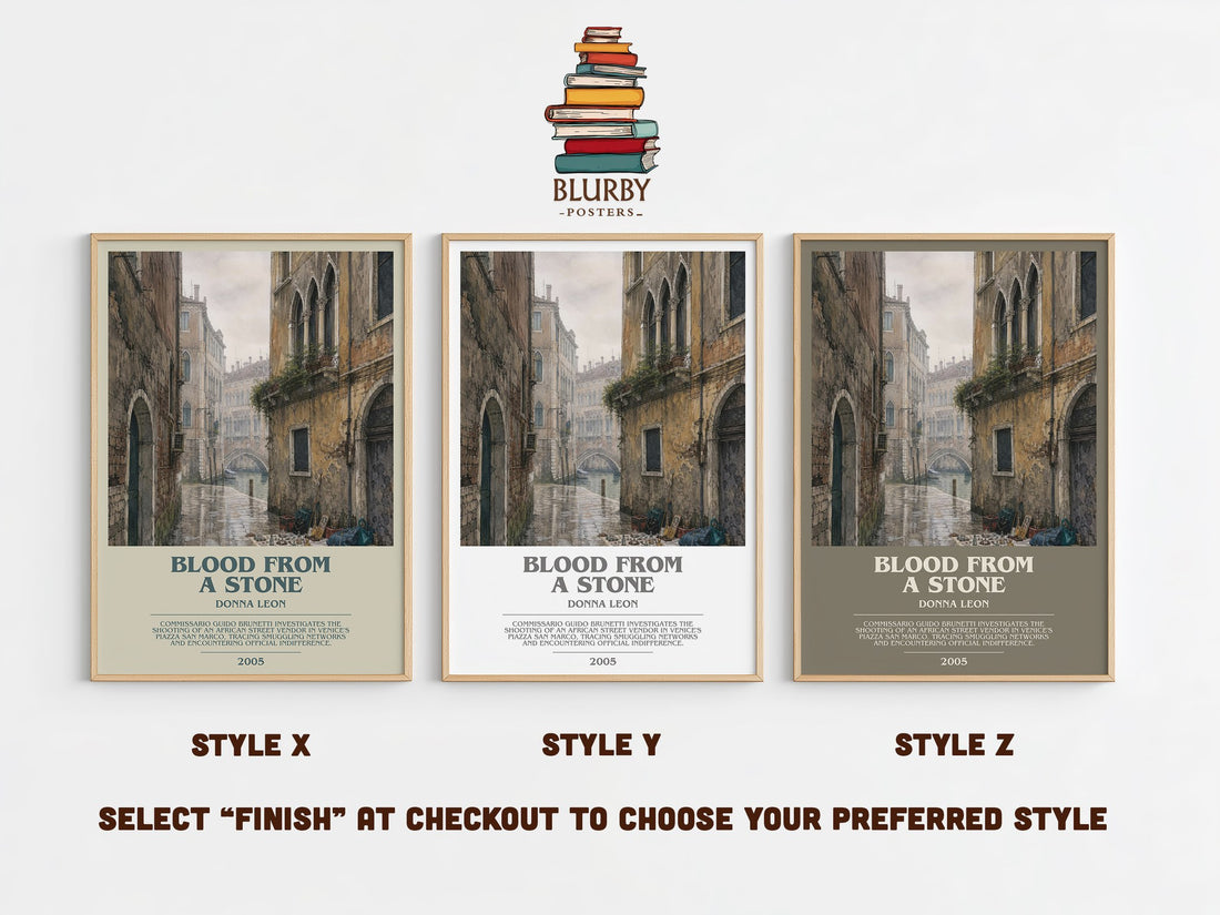 Blood from a Stone bookish print in frame leaning in hallway – mystery wall art (mockup)