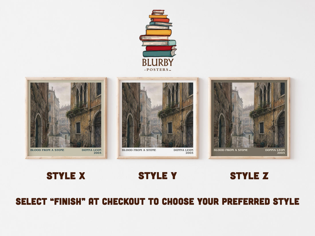 Blood from a Stone literary print in frame leaning in hallway – mystery wall art (mockup)