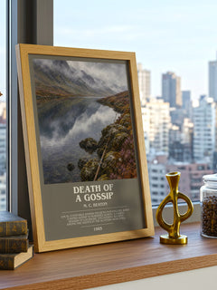 Death of a Gossip bookish print framed by window – literary home decor