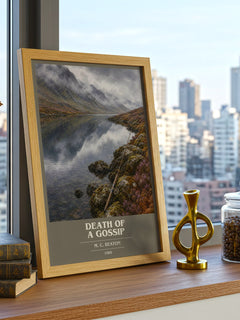 Death of a Gossip book cover print framed by window – literary home decor