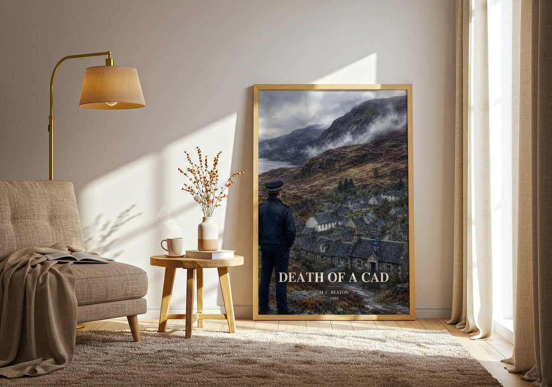 Death of a Cad watercolour print in frame leaning in hallway – mystery wall art (mockup)