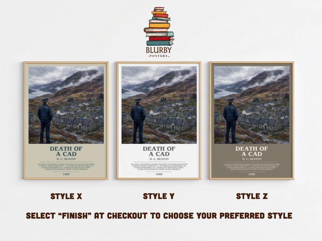 Death of a Cad bookish print in frame leaning in hallway – mystery wall art (mockup)