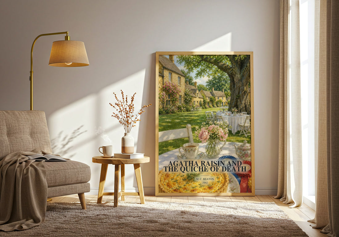 Agatha Raisin and the Quiche of Death watercolour print in frame leaning in hallway – mystery wall art (mockup)