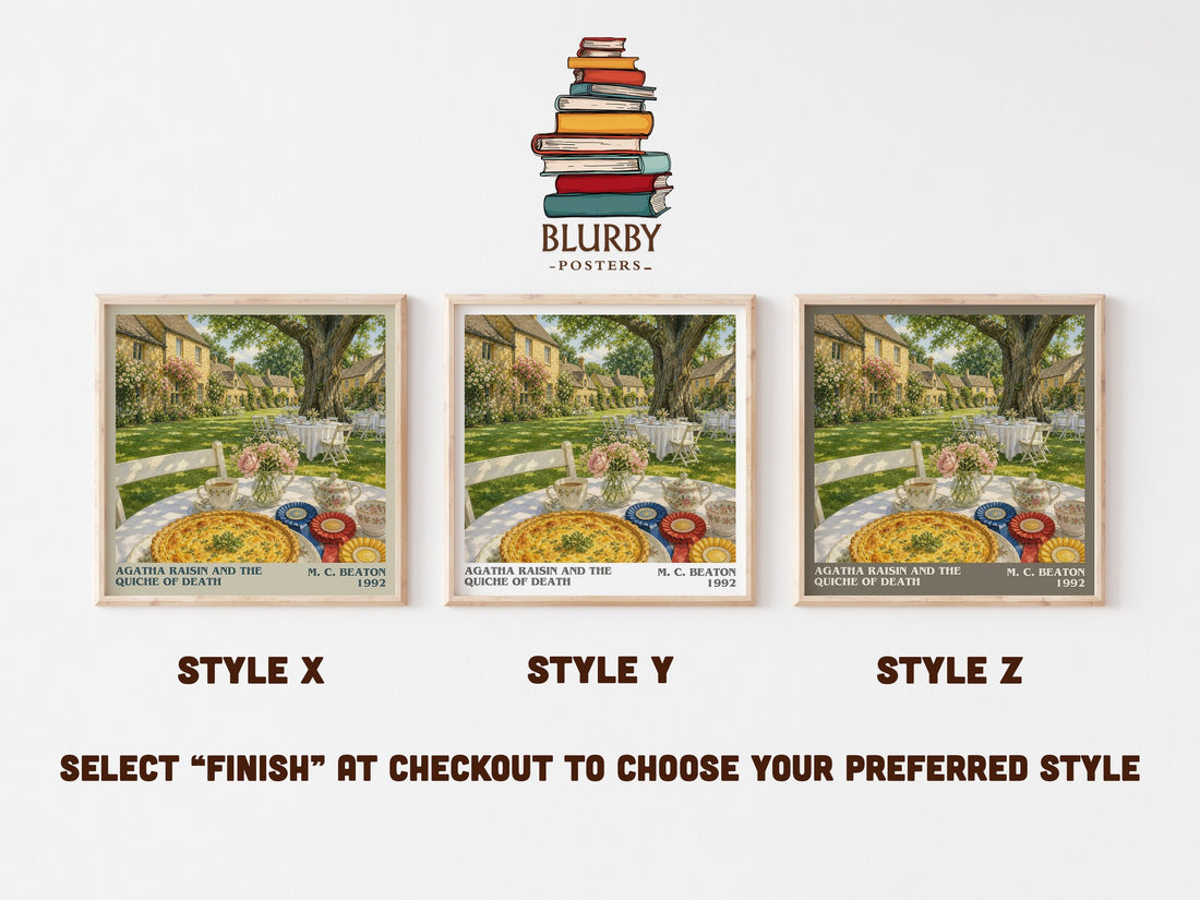 Agatha Raisin and the Quiche of Death literary print in frame leaning in hallway – mystery wall art (mockup)