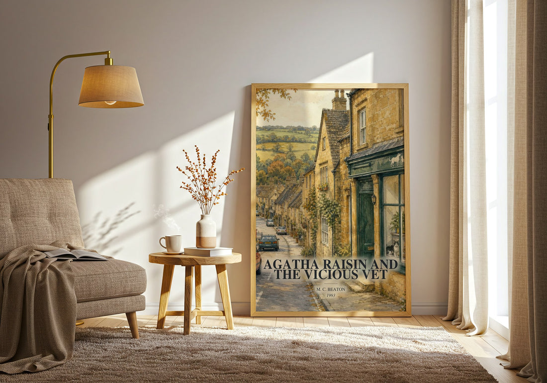 Agatha Raisin and the Vicious Vet watercolour print in frame leaning in hallway – mystery wall art (mockup)