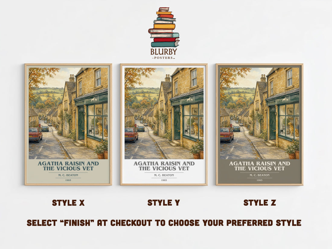 Agatha Raisin and the Vicious Vet book cover print in frame leaning in hallway – mystery wall art (mockup)