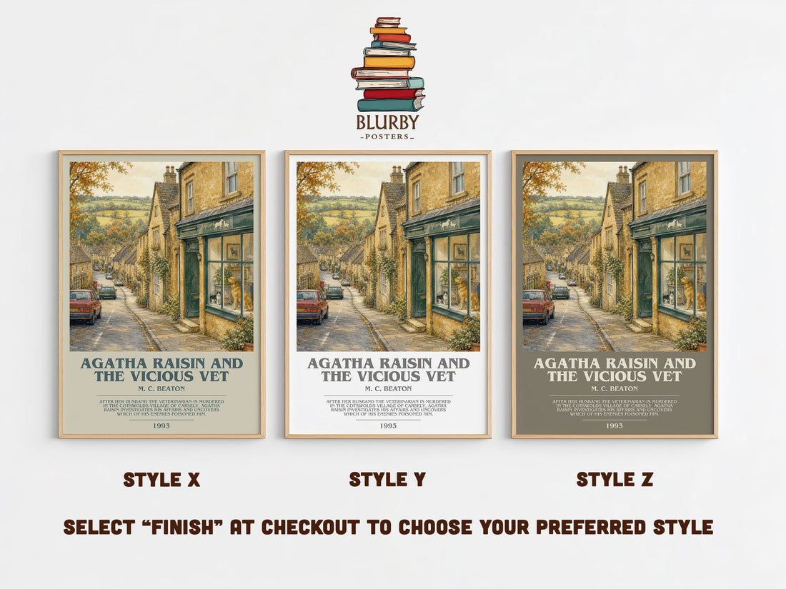 Agatha Raisin and the Vicious Vet bookish print in frame leaning in hallway – mystery wall art (mockup)