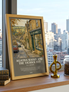 Agatha Raisin and the Vicious Vet bookish print framed by window – literary home decor