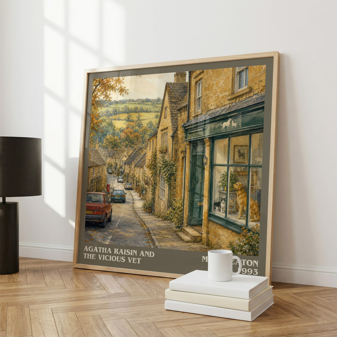 Agatha Raisin and the Vicious Vet literary print framed by window – literary home decor