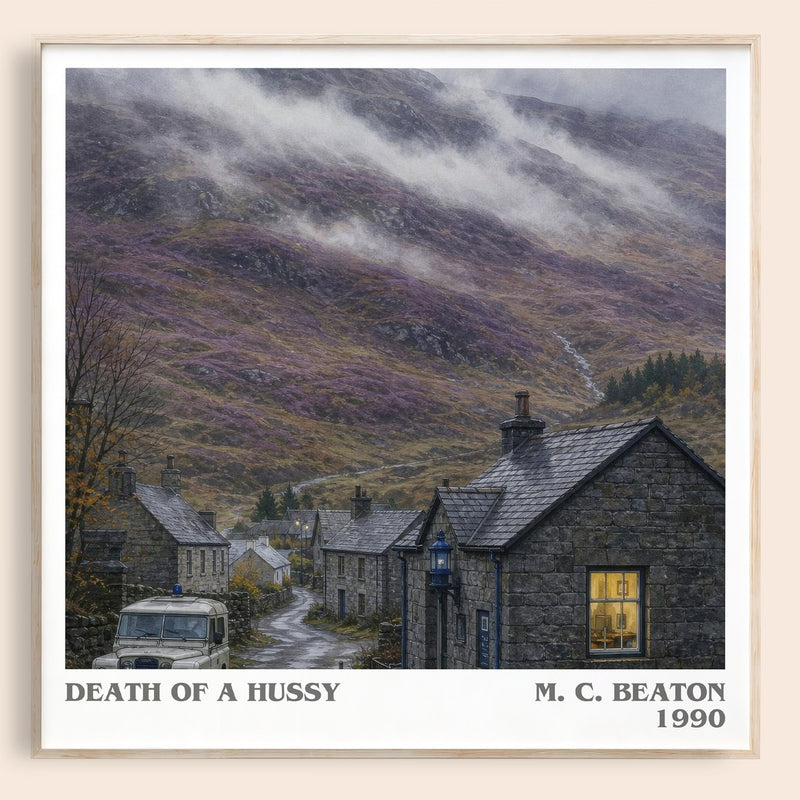 Death of a Hussy literary book poster by M. C. Beaton – framed literary art print