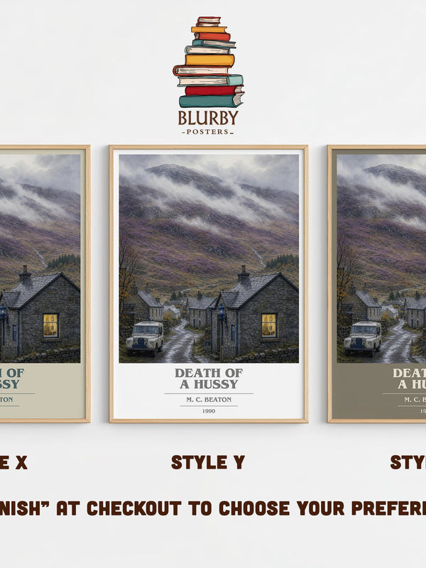 Death of a Hussy book cover print in frame leaning in hallway – mystery wall art