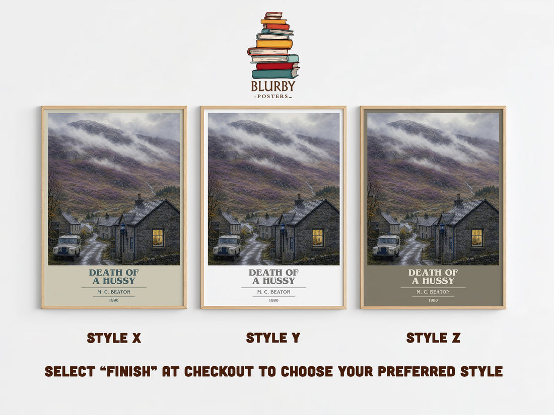 Death of a Hussy book cover print in frame leaning in hallway – mystery wall art (mockup)