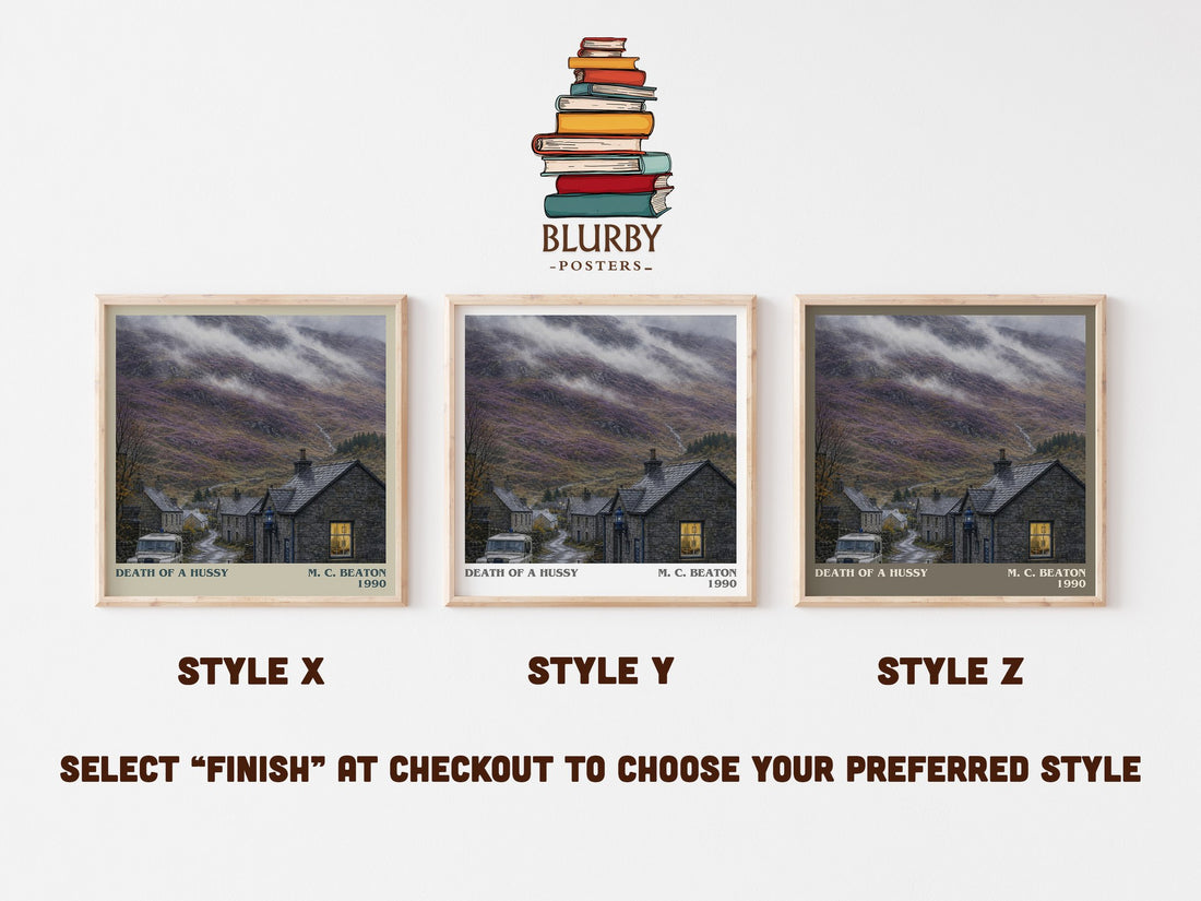 Death of a Hussy literary print in frame leaning in hallway – mystery wall art (mockup)