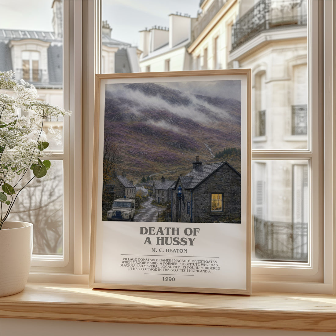 Death of a Hussy bookish poster colour and style options – M. C. Beaton book art