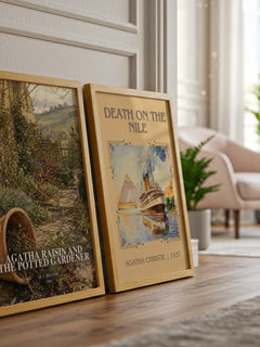 Agatha Raisin and the Potted Gardener watercolour print framed by window – literary home decor