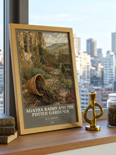 Agatha Raisin and the Potted Gardener book cover print framed by window – literary home decor