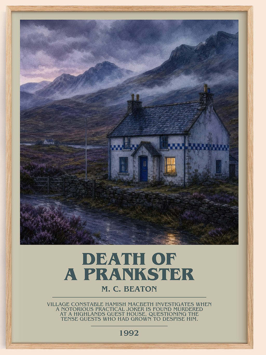 Death of a Prankster bookish book poster by M. C. Beaton – framed literary art print