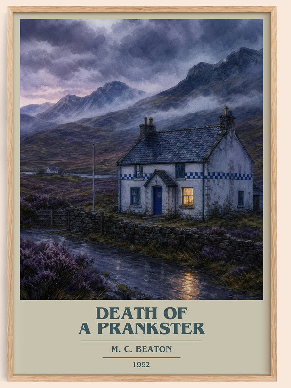 Death of a Prankster book cover book poster by M. C. Beaton – framed literary art print