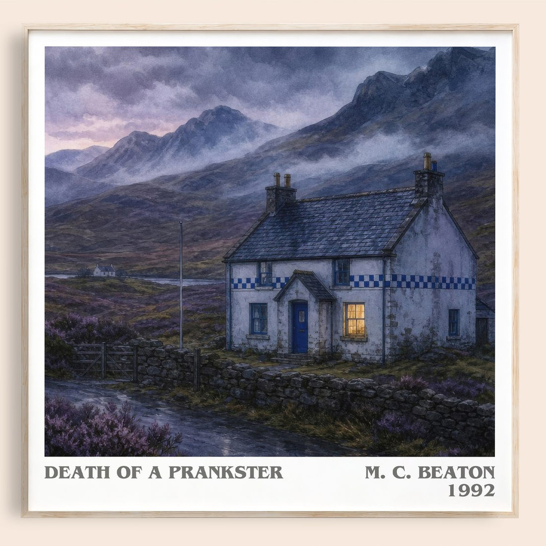 Death of a Prankster literary book poster by M. C. Beaton – framed literary art print