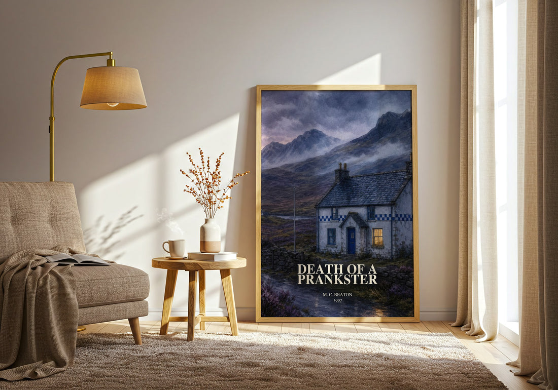 Death of a Prankster watercolour print in frame leaning in hallway – mystery wall art (mockup)